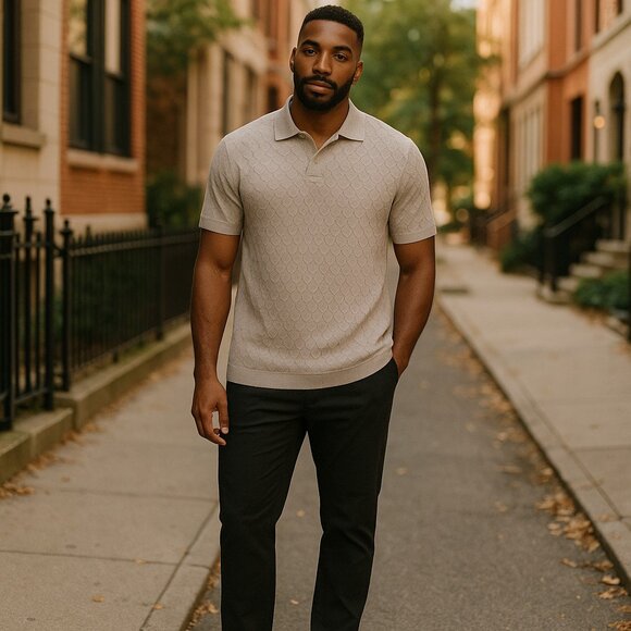 NWT FREE PLANET SZ L Men's Short Sleeve Pullover Polo Sweater Shirt Brown - Picture 1 of 11